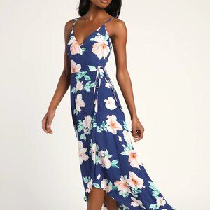 Lulus NWT Blooming Bright Blue Floral Print High-Low Wrap Midi Dress Sz XL